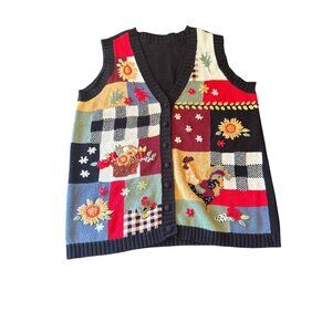 Vintage Patchwork Knit Vest With Rooster & Floral Embroidery